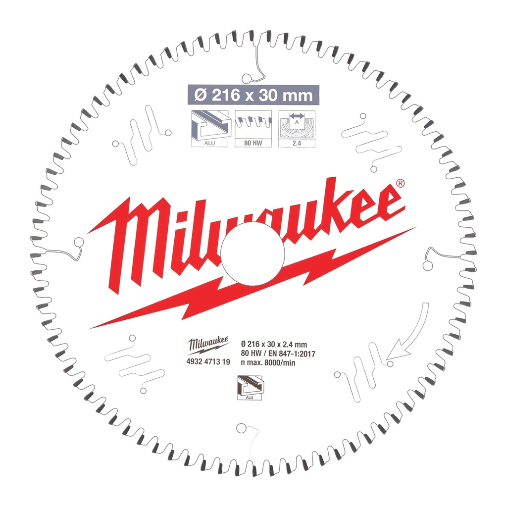 [4932471319] MILWAUKEE Sägeblatt Alu für Kapp- und Gehrungssägen (216/30 mm Z80 Flachtrapezzahn negativ ( und Gehrungssägen))