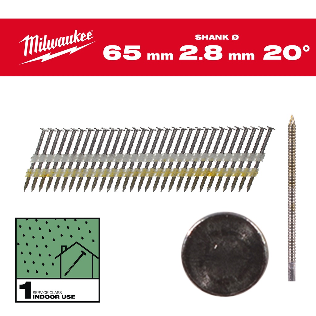 [4932492587] MILWAUKEE Rundkopf-Nägel für M18FFN21 (7,4 x 2,8 x 65 mm, Ringschaft Stahl blank,  20° (Nägel für M18FFN21))
